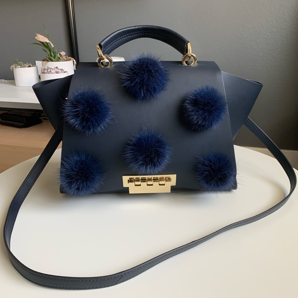 ZAC by Zac Posen Mink Pom Pom Handbag in Navy
